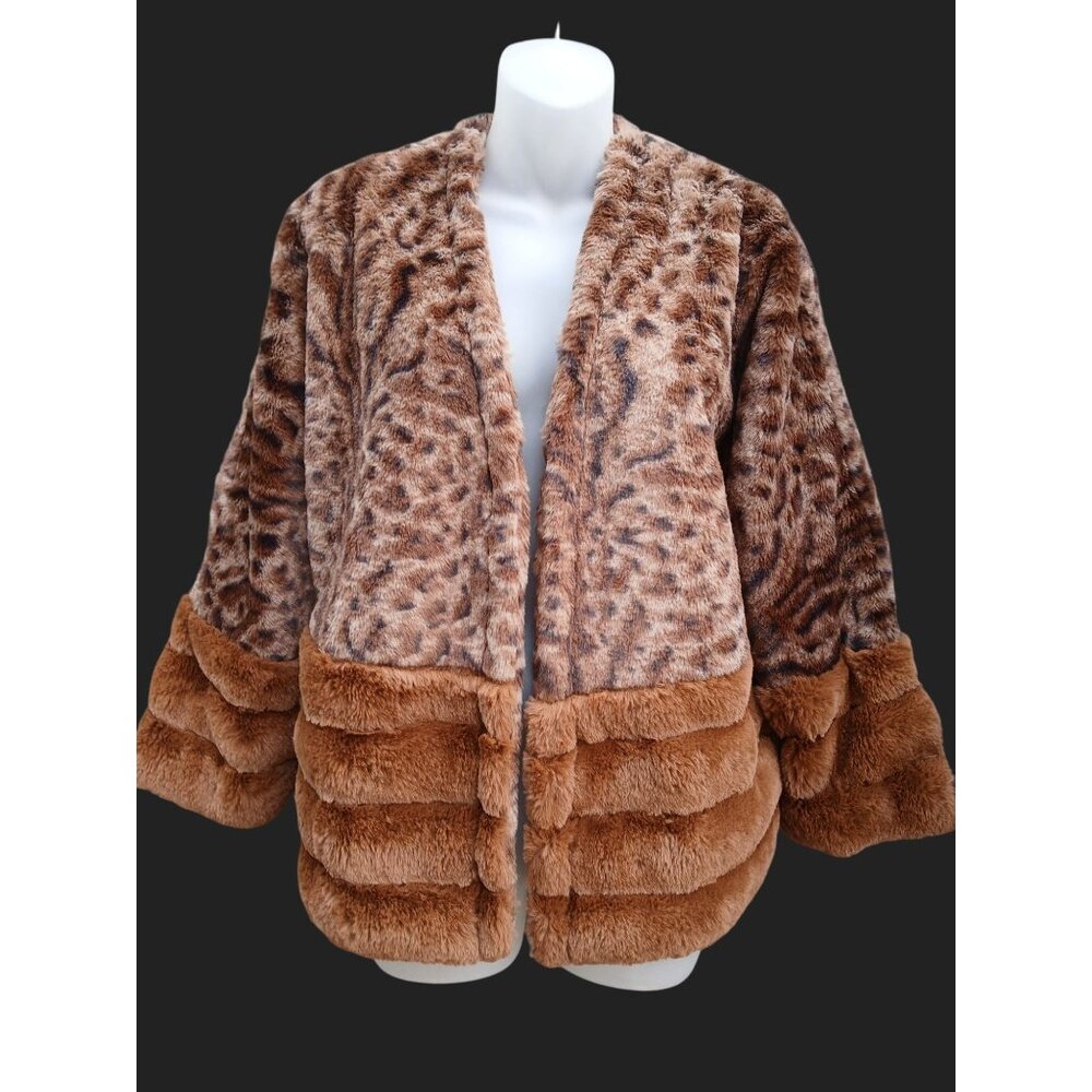 Mystree Womens M Brown Leopard Print Faux Fur Jacket Open Pockets Cozy Teddy